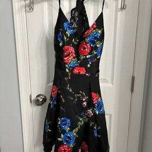 Black Lace Formal Dress with Red and Blue Flowers